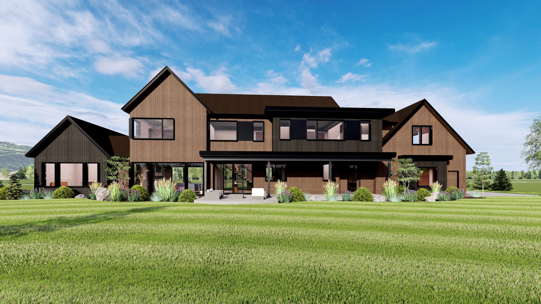 Mountain modern home rendering with stone, timber, and large windows